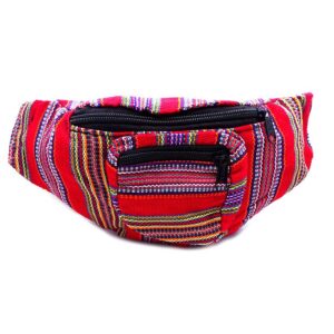 Handmade woven lightweight fanny pack bag with striped pattern in red and multicolored color combination.