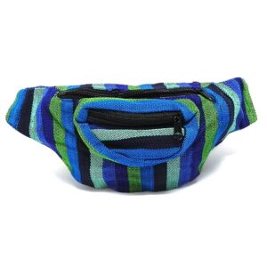 Handmade woven lightweight fanny pack bag with multicolored striped pattern in blue, lime green, turquoise, mint, and black color combination.