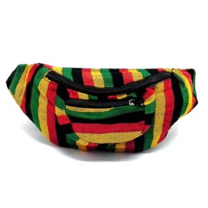 Handmade woven lightweight fanny pack bag with multicolored striped pattern in Rasta colors.