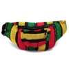 Handmade woven lightweight fanny pack bag with multicolored thick striped pattern in Rasta colors.