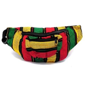 Handmade woven lightweight fanny pack bag with multicolored thick striped pattern in Rasta colors.