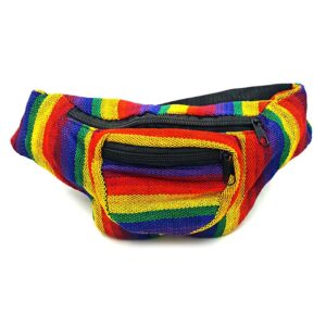 Handmade woven lightweight fanny pack bag with multicolored striped pattern in rainbow colors.