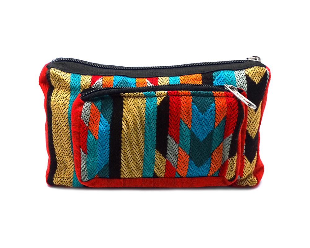 MB-020200011399 Rectangle-shaped fanny pack bag with Aztec inspired tribal print pattern in red, orange, light yellow, teal green, turquoise blue, and black color combination.