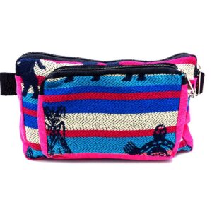 Rectangle-shaped fanny pack bag with Aztec inspired tribal print pattern and Southwest animal design in pink, turquoise blue, white, and black color combination.
