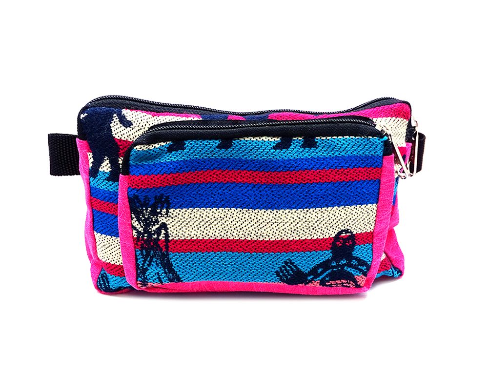 Rectangle-shaped fanny pack bag with Aztec inspired tribal print pattern and Southwest animal design in pink, turquoise blue, white, and black color combination.