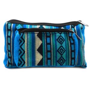 Rectangle-shaped fanny pack bag with Aztec inspired tribal print pattern in light blue, dark blue, turquoise, teal, and light yellow color combination.