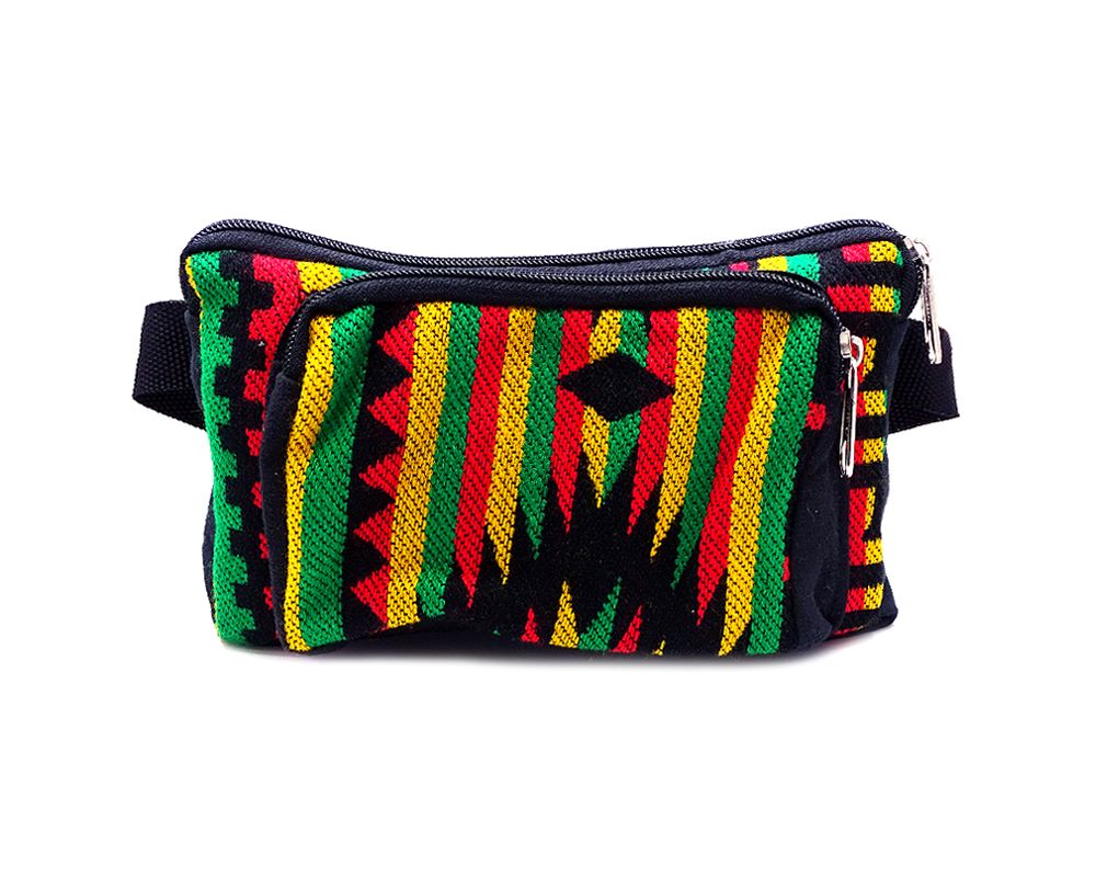 MB-020201090104 Rectangle-shaped fanny pack bag with Aztec inspired tribal print pattern in black and Rasta colors.
