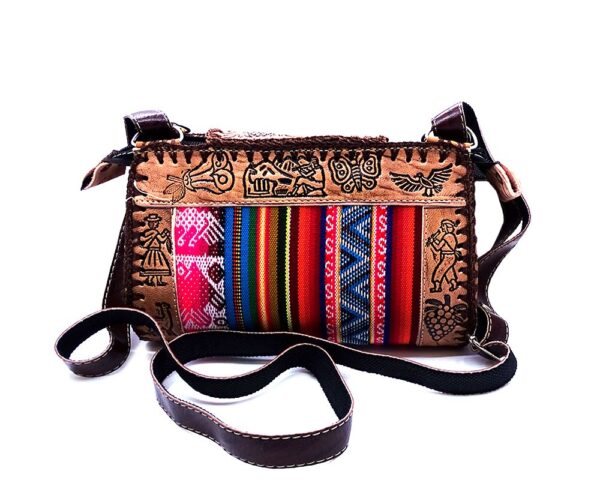 Handmade small Peruvian purse bag with authentic leather, acrylic wool, snap button and zipper closure, and adjustable strap in multicolored and brown.