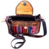 Handmade small Peruvian purse bag with authentic leather, acrylic wool, snap button and zipper closure, and adjustable strap in multicolored and brown.