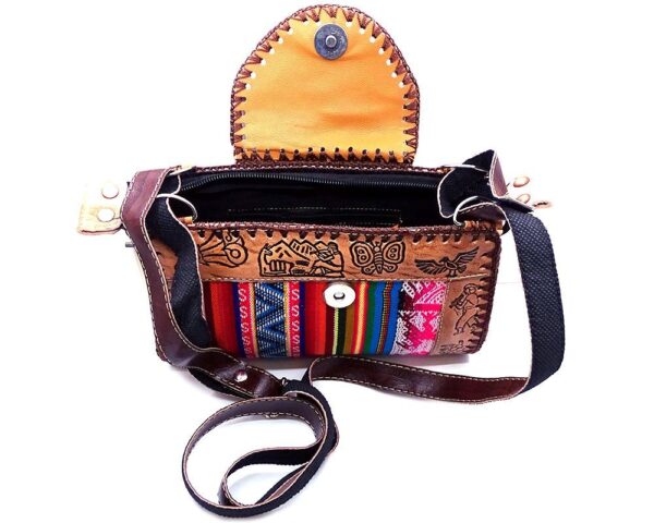 Handmade small Peruvian purse bag with authentic leather, acrylic wool, snap button and zipper closure, and adjustable strap in multicolored and brown.