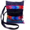 MB-030103999909 Handmade medium-sized slim rectangle-shaped crossbody purse bag with multicolored huipil embroidered tribal pattern design, black vegan leather suede, and worry doll keychain.