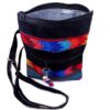 MB-030103999909-3 Handmade medium-sized slim rectangle-shaped crossbody purse bag with multicolored huipil embroidered tribal pattern design, black vegan leather suede, and worry doll keychain.