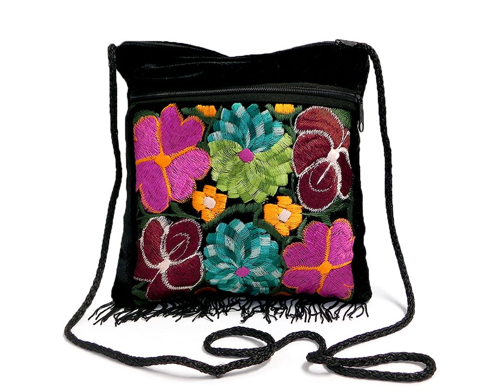 Handmade medium-sized slim square-shaped purse bag with multicolored embroidered floral designs, black velvet cotton material, and fringe.