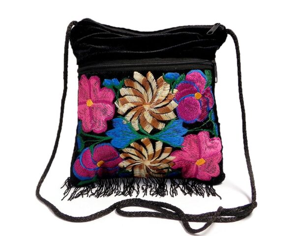 Handmade medium-sized slim square-shaped purse bag with multicolored embroidered floral designs, black velvet cotton material, and fringe.