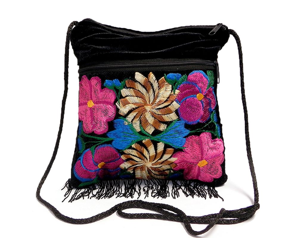Handmade medium-sized slim square-shaped purse bag with multicolored embroidered floral designs, black velvet cotton material, and fringe.