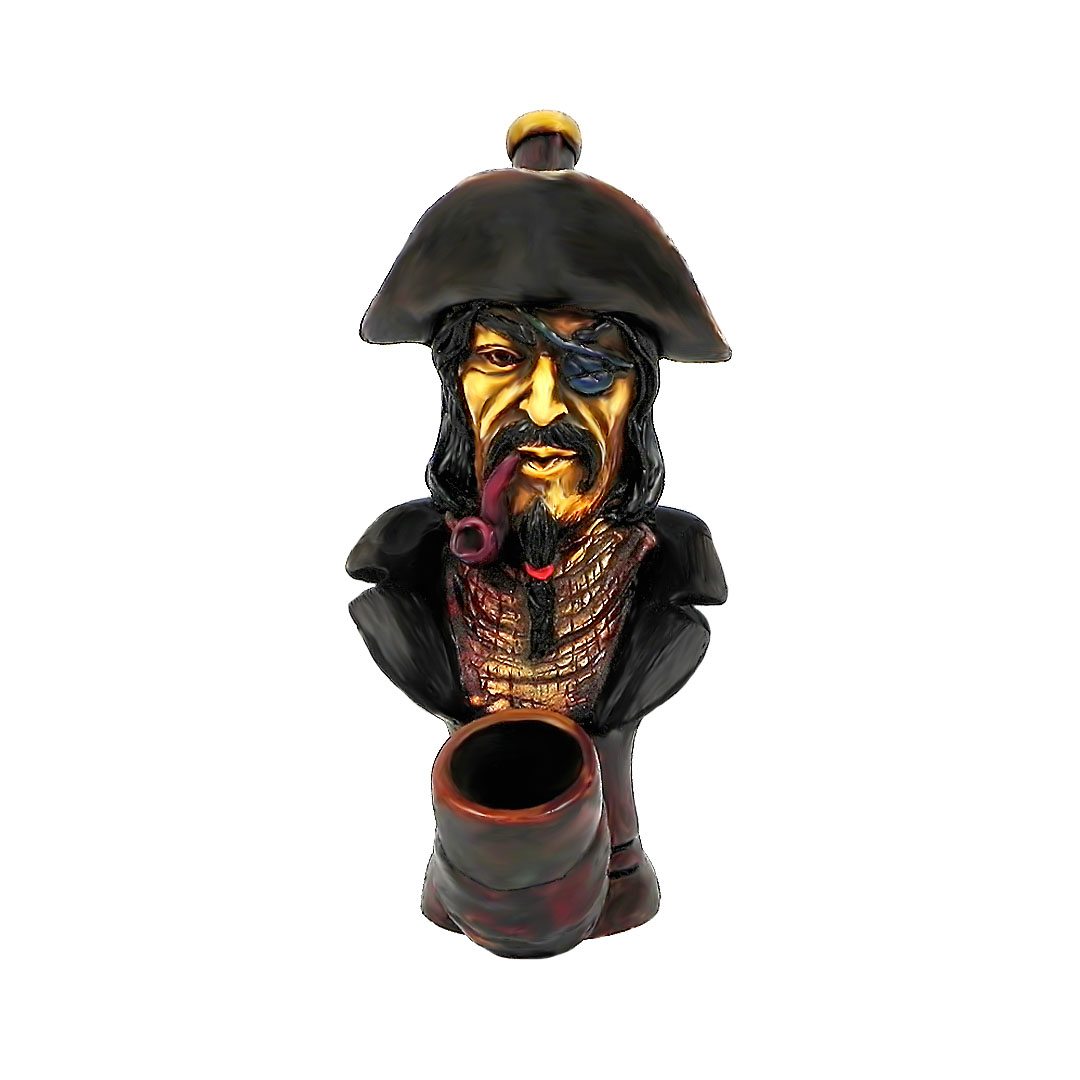 MD-010102 Handcrafted medium-sized tobacco smoking hand pipe of "Black Beard" pirate with a captain hat and eye patch.