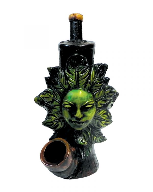 Handcrafted medium-sized tobacco smoking hand pipe of a green female face surrounded by leaves.