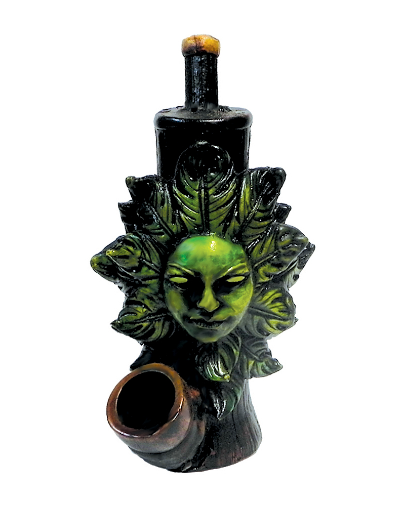 MD-020305 Handcrafted medium-sized tobacco smoking hand pipe of a green female face surrounded by leaves.