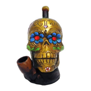 Gold Sugar Skull Smoking Hand Pipe