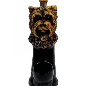 Handcrafted medium-sized tobacco smoking hand pipe of a brown Yorkie head.