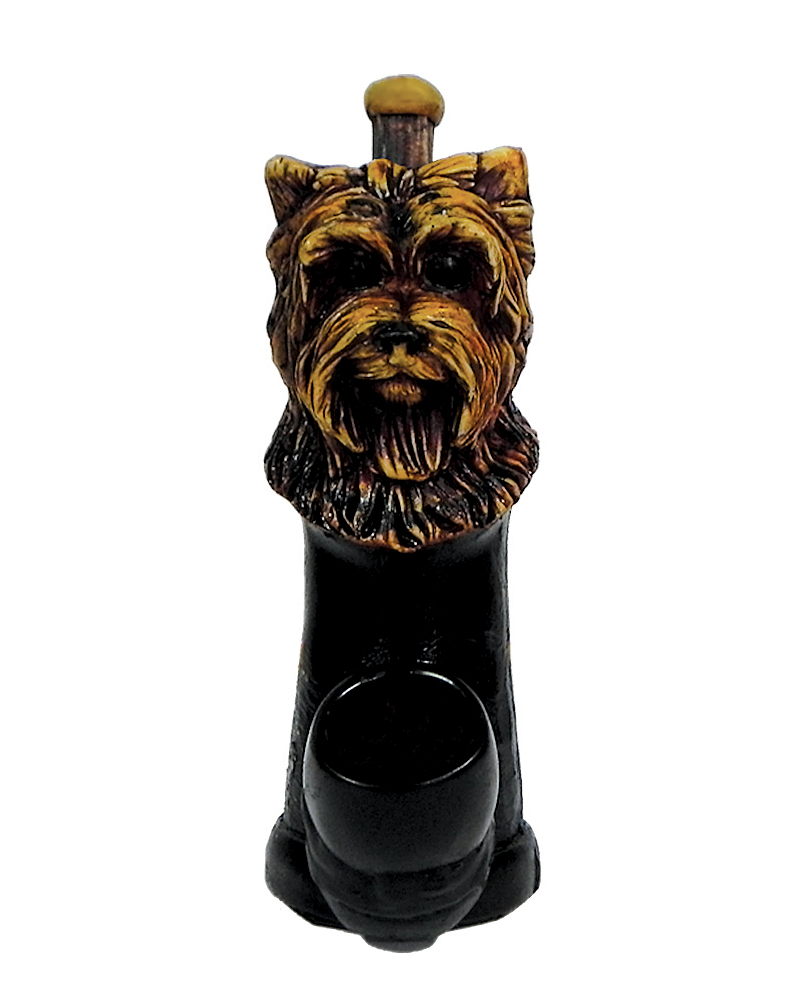 Handcrafted medium-sized tobacco smoking hand pipe of a brown Yorkie head.