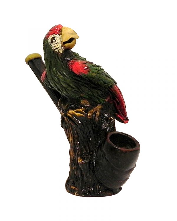 Handcrafted medium-sized tobacco smoking hand pipe of a red and green Macaw parrot on a tree branch.