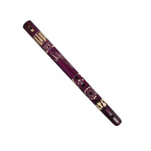 Handmade colored bamboo wooden recorder flute music instrument with handcarved tribal pattern and animal/nature design in purple color.