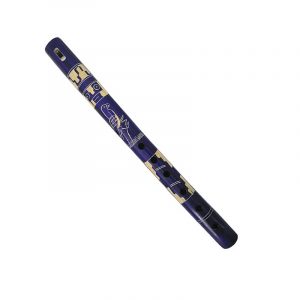 Handmade colored bamboo wooden recorder flute music instrument with handcarved tribal pattern and animal/nature design in indigo purple color.