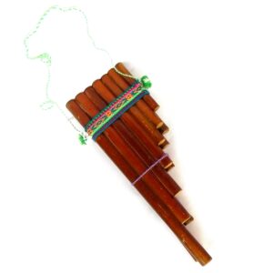Handmade bamboo wooden pan flute music instument with multicolored tribal print pattern cotton strap in large size.