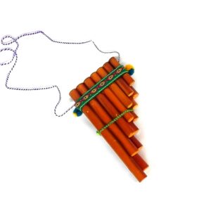 Handmade bamboo wooden pan flute music instrument with multicolored tribal print pattern cotton strap in small size.