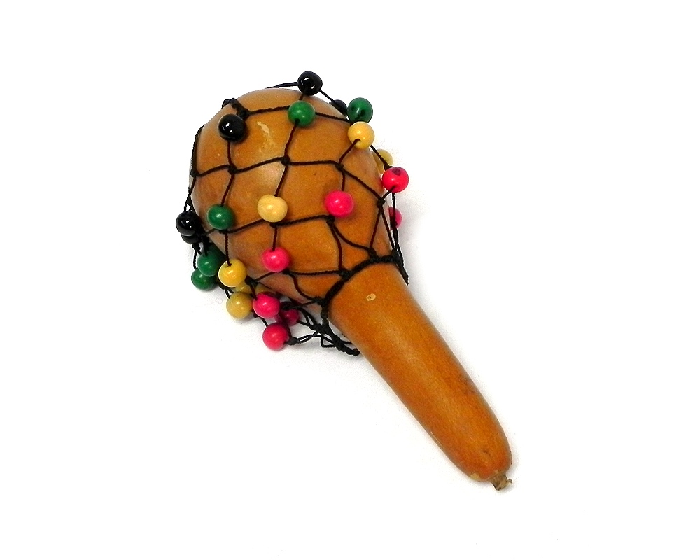 Handmade small authentic gourd maraca shaker music instrument with beaded net in Rasta colors.
