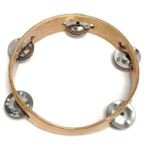 Handmade bamboo wooden headless tambourine music instrument with single row 5 pair jingles.