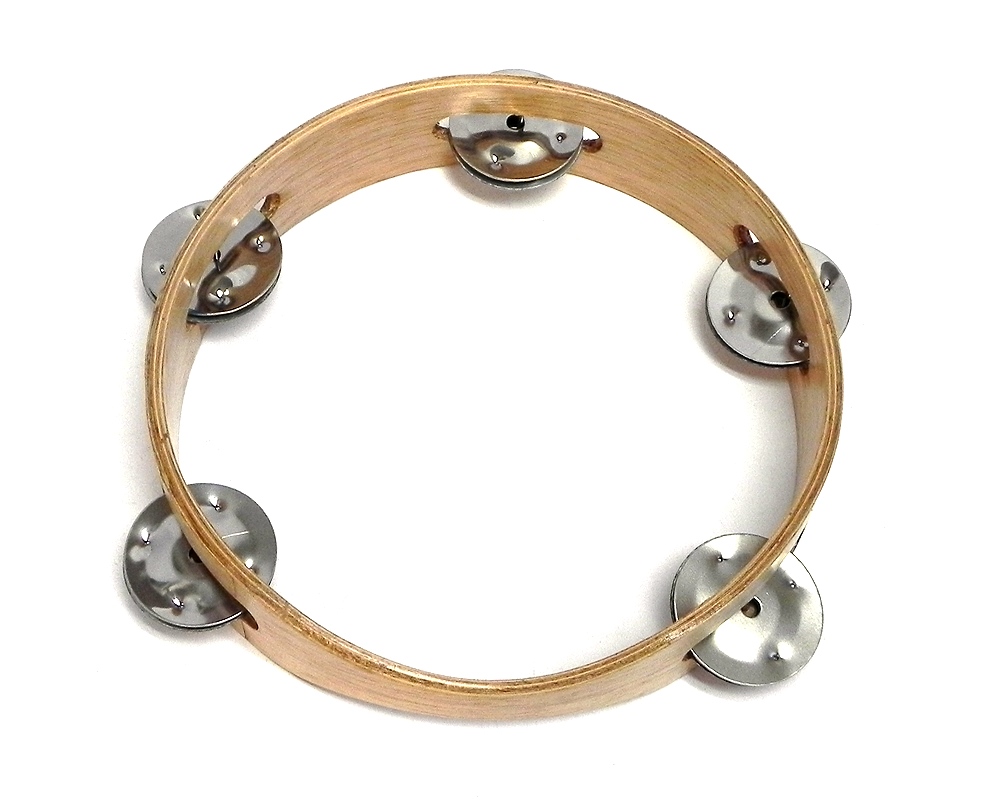 Handmade bamboo wooden headless tambourine music instrument with single row 5 pair jingles.