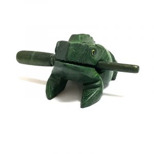 Handmade wooden croaking frog figurine rasp music instrument with stick in green color.