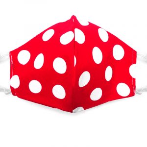 Handmade large polka dot pattern print fabric face mask with 100% cotton and elastic straps in red and white adult size.