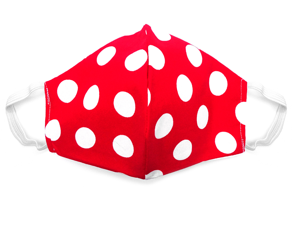 Handmade large polka dot pattern print fabric face mask with 100% cotton and elastic straps in red and white adult size.