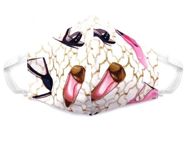 Handmade shoe lover pattern print fabric face mask with 100% cotton and elastic straps in white, golden/tan, pink, and black adult size.