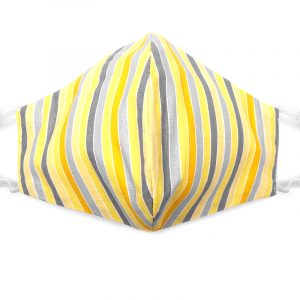 Handmade striped pattern print fabric face mask with 100% cotton and elastic straps in yellow, gray, and white adult size.