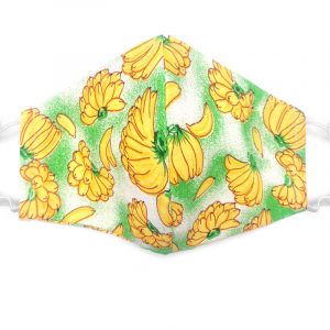 Handmade banana pattern print fabric face mask with 100% cotton and elastic straps in green, yellow, and white adult size.