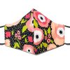Handmade floral print fabric face mask with 100% cotton and elastic straps in black, pink, and white polka dot adult size.