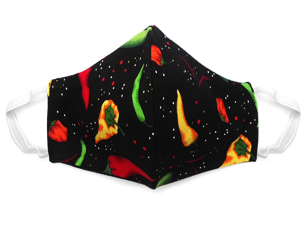 Handmade chili pepper print pattern fabric face mask with 100% cotton and elastic straps in black, red, golden, orange, and green adult size.