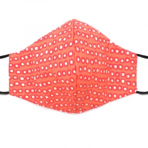 Handmade square pattern print fabric face mask with 100% cotton and elastic straps in peach, salmon pink, and white adult size.
