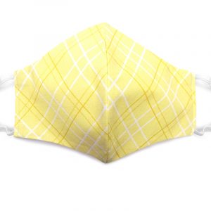 Handmade plaid pattern print fabric face mask with 100% cotton and elastic straps light yellow and white adult size.