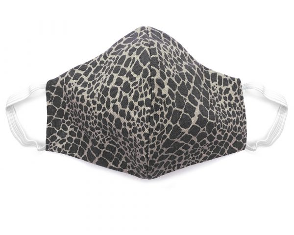 Handmade reptile pattern print fabric face mask with 100% cotton and elastic straps in gray adult size.