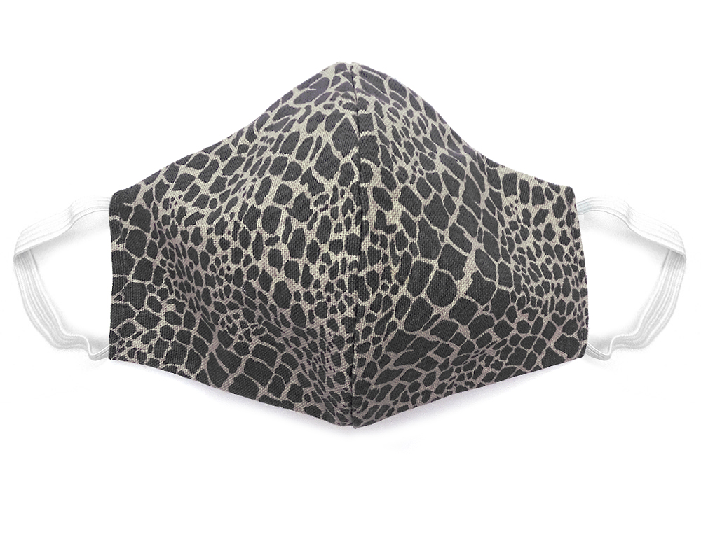 Handmade reptile pattern print fabric face mask with 100% cotton and elastic straps in gray adult size.