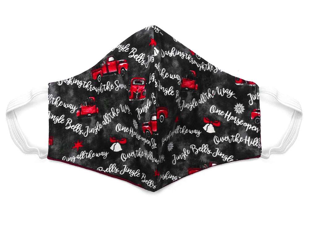 Handmade Christmas pattern print fabric face mask with 100% cotton and elastic straps in gray, white, green and red adult size.