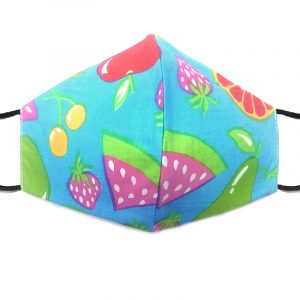 Handmade fruit medley pattern print fabric face mask with 100% cotton and elastic straps in turquoise and multicolored adult size.