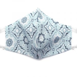 Handmade bandana pattern print fabric face mask with 100% cotton and elastic straps in slate gray, white, and dark gray adult size.