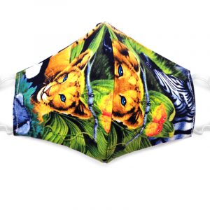 Handmade animal jungle pattern print fabric face mask with 100% cotton and elastic straps in black and multicolored adult size.