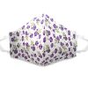 Handmade floral print fabric face mask with 100% cotton and elastic straps in white, purple, and lime green kid/teen size.